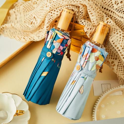 Japnese Style Flowers Umbrella Rain Women Anti UV Sun Umbrella Wooden Handle Three Folding Umbrellas Silver Coating 16K Parasol