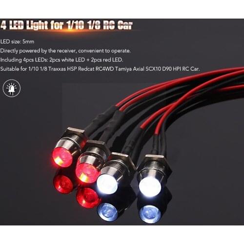 4 LED Lights Kit 2 White 2 Red For 1/10 1/8 HSP Redcat Car RC HPI Light Tamiya Drift Axial Car SCX10 Crawler Model D90 RC4W G5W8