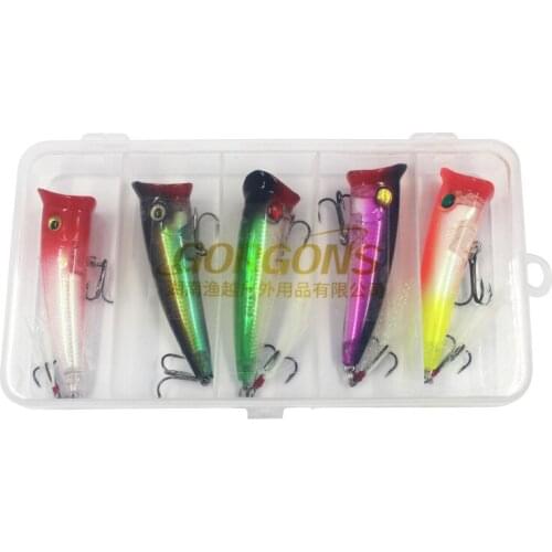 5pcs/lot Gorgons Fishing Kit Hard Bait Plastic Popper Topwater Fishing Lure for Bass Trout Fishing Tackle Accessories Pesca