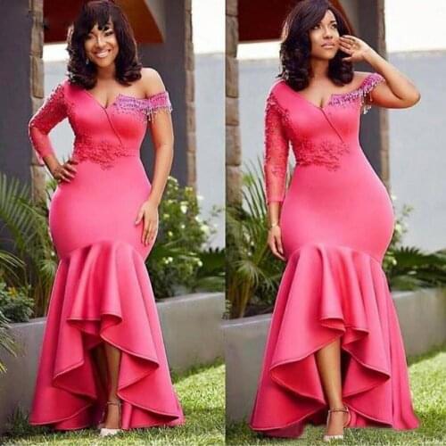 African Mermaid Bridesmaid Dresses Long 2020 Single Long Sleeves Pink Wedding Guest Maid Of Honor Dress Party For Women