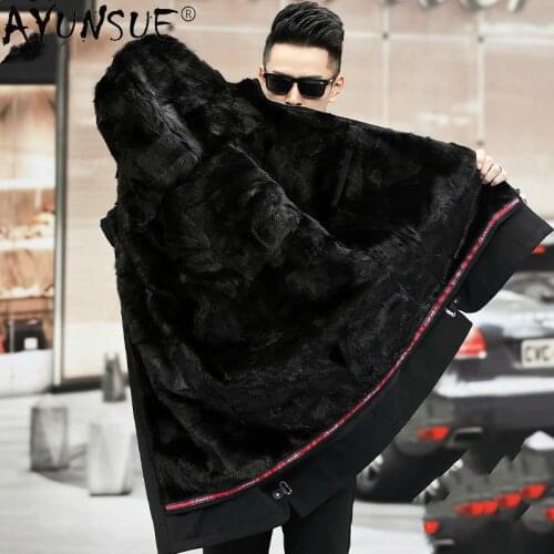 AYUNSUE Winter Man Jacket Hooded Jackets for Men Clothing 100% Mink Fur Coat Mens Thick 5XL Parka Rabbit Fur Sleeves Veste XR819