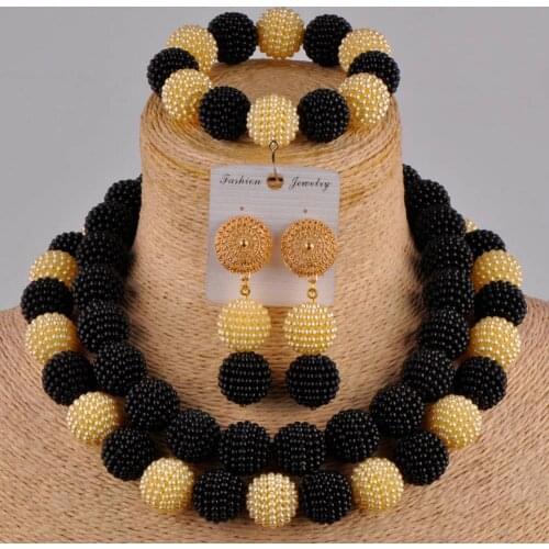 Black and champagne gold nigerian wedding women jewelry set simulated pearl costume necklace african set FZZ100