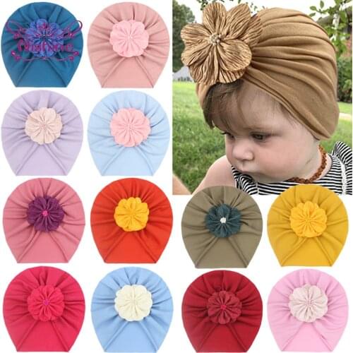 Nishine Children Fold Flower with pearl Hats Winter Baby Girl Solid Color Beanie Caps Toddler Headwear Kid Photography Props