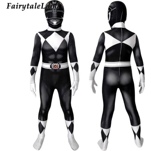 Children Black Ranger Cosplay Jumpsuit Halloween Carnival Kids Superhero 3D Printing Zentai Zack Costume Helmet Fancy Mask