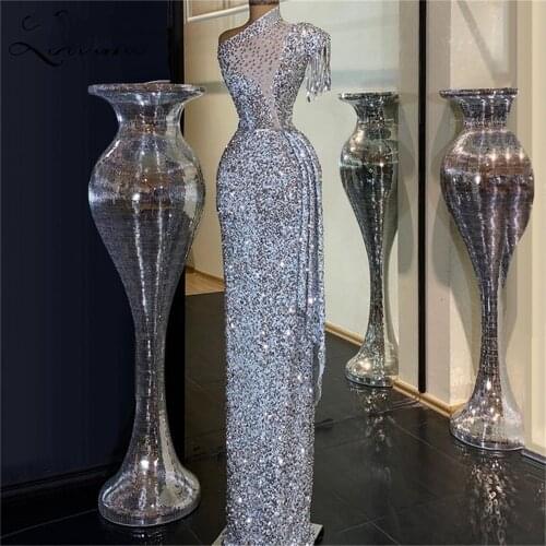 Silver One Shoulder Prom Dresses Long Evening Gowns 2021 African Plus Customized Red Carpet Party Dress Vestido De Fiesta
