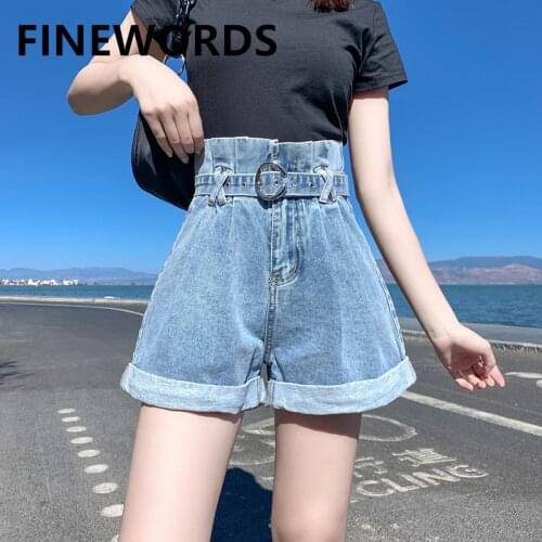 FINEWORDS Super High Waist Shorts Jeans With Belt Wide Leg Loose Summer Shorts Women Retro Blue Denim A Line Cuff Korean Shorts