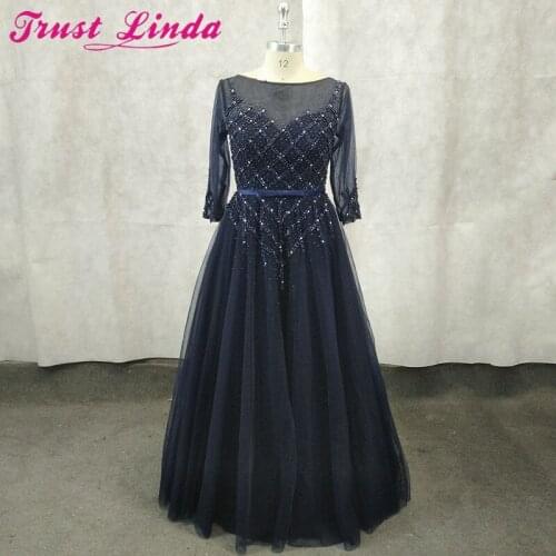 Elegant Navy Blue Mother of The Bride Dresses Tulle See-Through Long Sleeves Sheer Neck Beaded Sequined Prom Gowns Party Dress