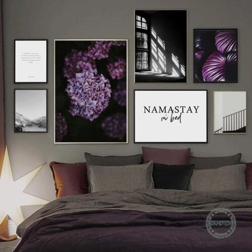Purple Hydrangea Flower Leaves Posters and Prints Mountain Black White Window Shadow Canvas Painting Wall Art Letter Pictures