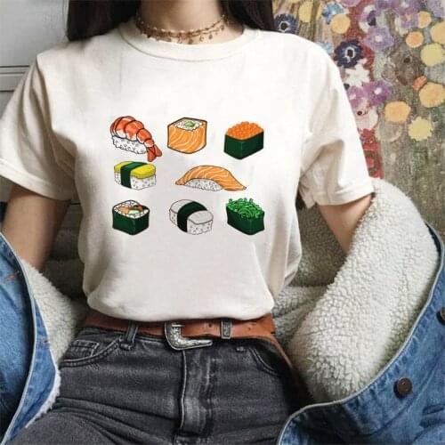 Womens T-shirt Japanese style Harajuku Kawaii Sushi Lucky Cat Print Casual Streetwear Personality Retro Lady T