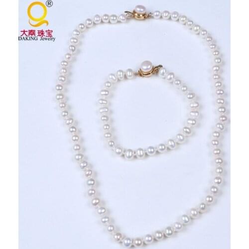 Classic 6-6.5mm white potato shape freshwater pearl set necklace & bracelet set with good quality clasp perfect wedding gift
