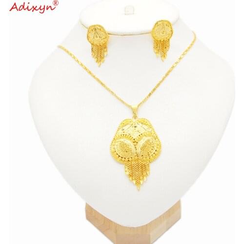 Adixyn India Jewelry Set 24K Gold Color/Copper Tassel Earrings Pendant Necklace for Women Dubai/Ethiopian Party Gifts N08283