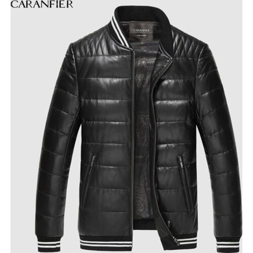 CARANFIER Men Genuine Leather Down Jacket Winter Outerwear Black/Red/Slim/Simple Business Style/Sheepskin/ Casual leather Coat