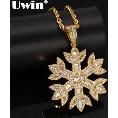 UWIN Fashion Men Women Baguette Snow Shape Pendant Necklace Gold Color Iced Bling Bling Cubic Zirconia Hiphop Jewelry
