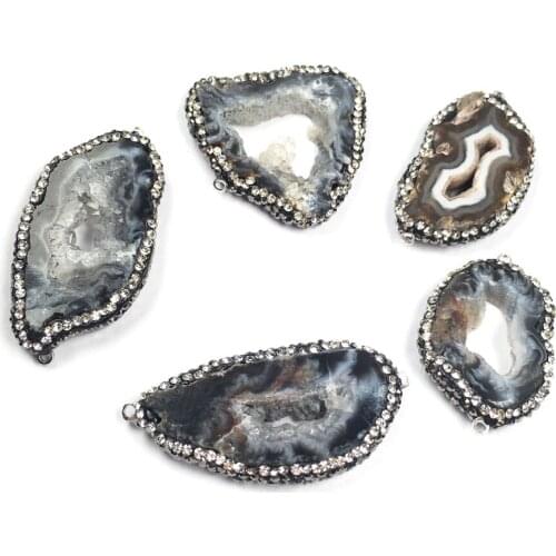 Natural Agates Stone Pendant irregular geode Agates Stone Charm artificial diamond attached for Jewelry Making Necklace Bracelet