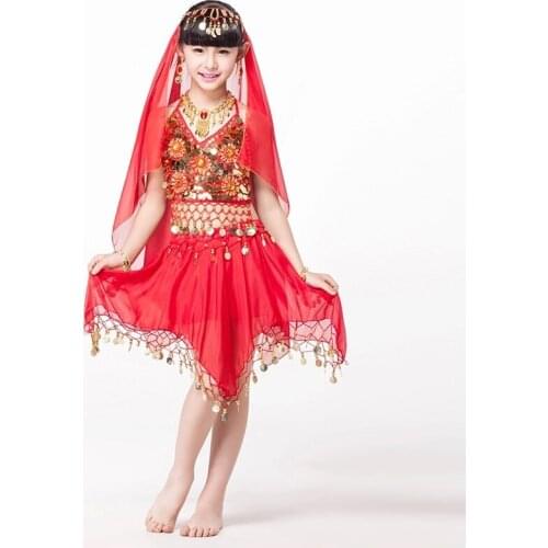 Performance Indian Bollywood Dancing 4-piece Set Coins Headpiece, Top, Skirts for kids Gold Bracelet Children Indian Costume