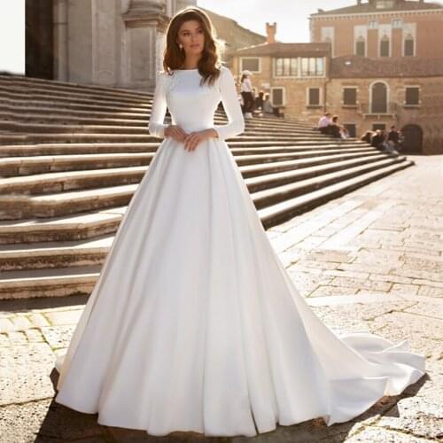 Luxury Cheap Wedding Dresses 2020 New Fashion ball gown Satin A Line Long Sleeves Garden Wedding Bridal Gowns