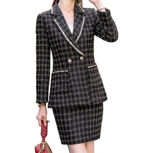Ladies Suit Short Skirt Plaid Lapel Long Sleeves Slim Exquisite Buttons Work Clothes Female Formal Wear Interview Casual Style