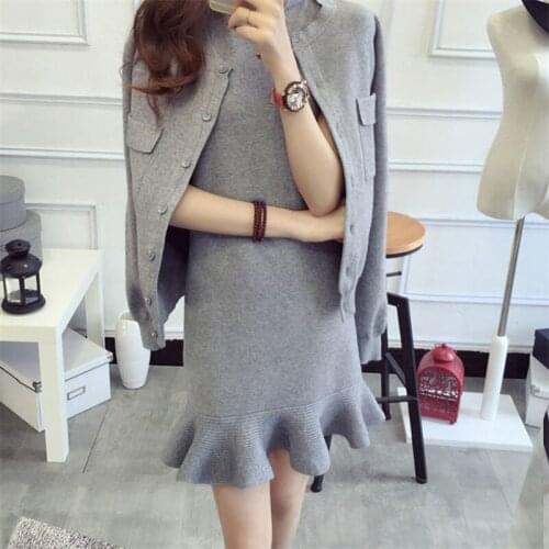 Korean Fashion Knitted Fishtail Dress Sets Tops Women 2021 Autumn Long Sleeve Cardigan + Slim Dress Elegant Solid 2 Piece Sets