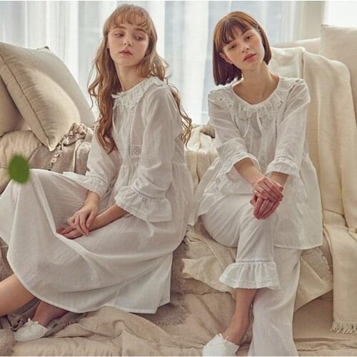 Spring Autumn Womens Cute Princess Pajama Sets Hollow out Lace Tops+Pants.Vintage Ladies Girls Pyjamas Set Soft Home Sleepwear