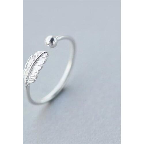 Real 925 Sterling Silver Fashion Simple Personality Feather Small Leaves Adjustable Size Open Ring for Women Girls Gifts SR006