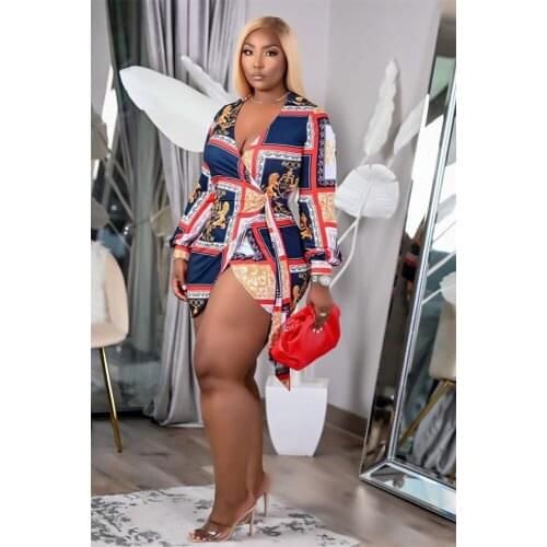 Women Dress Print Full Sleeve V-neck Bandage Sashes Fit and Flare Sexy Fashion Streetwear Summer Outfits