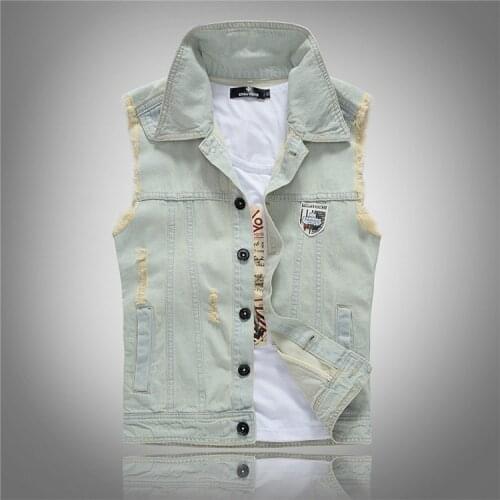 New Fashion Mens Denim Vest Vintage Sleeveless Jeans Waistcoat Man Cowboy Ripped Slim Mens Clothing