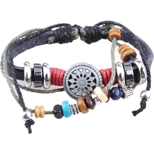 2017 Punk Jewelry Wrap Leather Wooden Beads Charm Bracelet & Bangle Wristband Cuff For Women