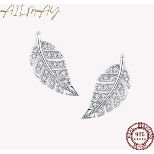 Ailmay Top Quality Real 925 Sterling Silver Simple Fashionc Feather Stud Earrings Sparkling CZ Fine Female Fashion Jewelry