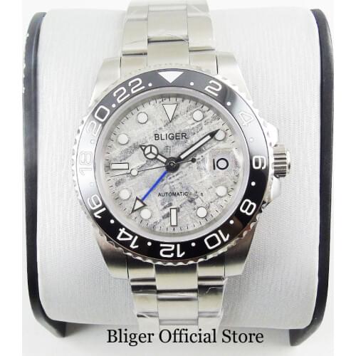 BLIGER 40mm Grey Dial Blue GMT Hand Autoamtic Wristwatch Sapphire Crystal Date Function Mental Bracelet Black Rotating Bezel