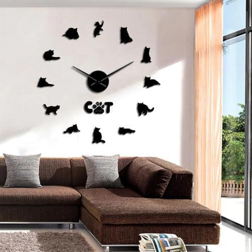 British Shorthair 3D Cat Wall Sticker DIY Large Mute Wall Clock Gray Cat Frameless Cat Silhouette Numbers Modern Clock Watch
