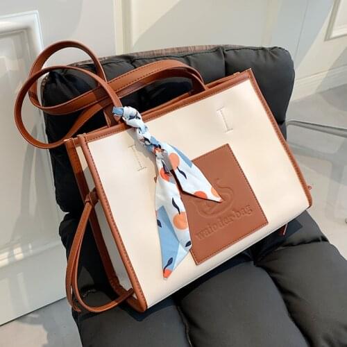 Burminsa Patchwork Canvas Large Tote Shoulder Bags For Women Contrast Color Brand Designer Ribbon A4 Work Ladies Handbags 2021