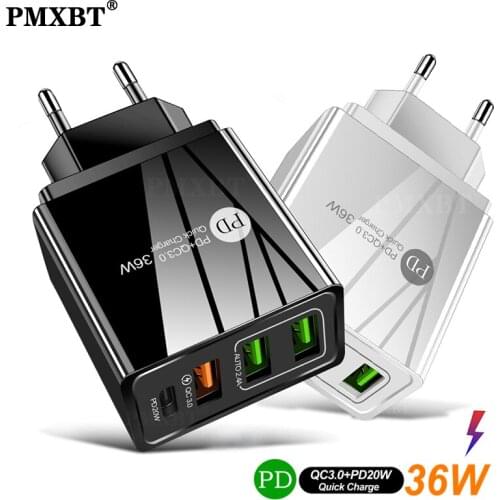 EU/US/UK Fast Charging Mobile Phone Charger Multi-Port USB With PD Type C Charging Wall Power Charger PD20W+QC3.0 2.4A Dual USB