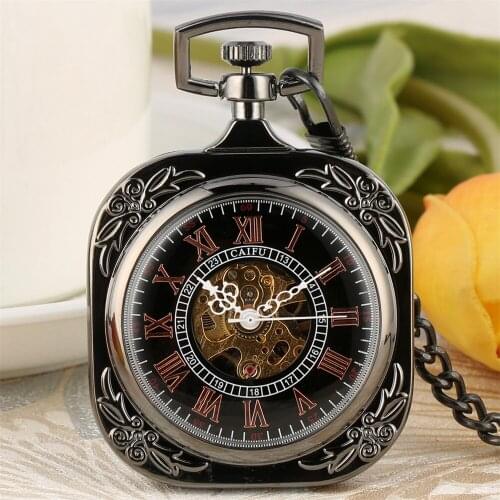 Elegant Vintage Black Square Mechanical Hand Winding Pocket Watch Rose Gold Roman Numerals Display Pendant Pocket Clock Male