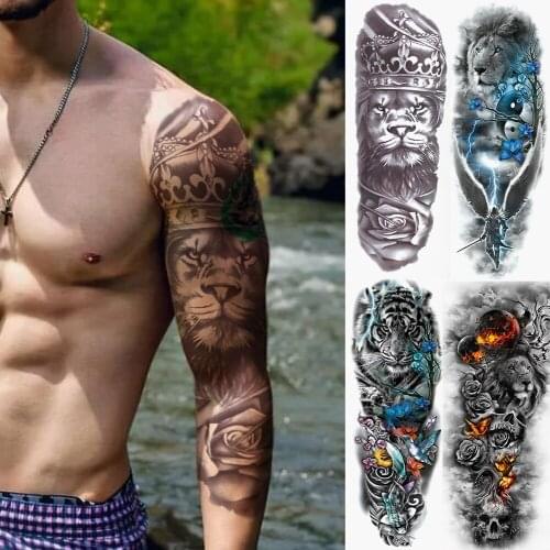 DIY Black Lion King Temporary Fake Tattoos Sleeves For Men Women Adult Tiger Butterfly Rose Full Arm Tattoo Sticker Arm Tatoos