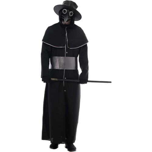 Reneecho Black Plague Doctor Costume For Adult Medieval Steampunk Plague Doctor Bird Mask Halloween Costume Men