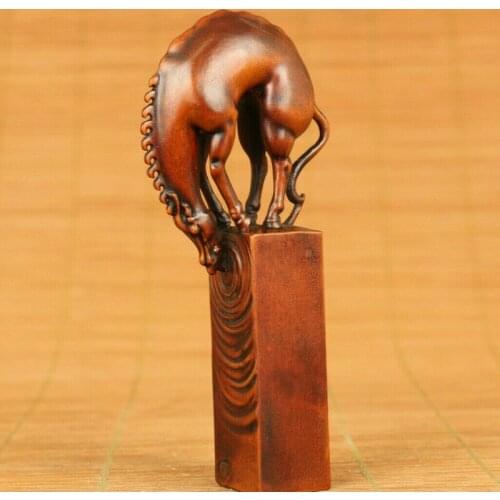 Fine Old Boxwood Carving Horse Water Seal Statue Figure Netsuke Stamp Seal Statues for Decoration Collection Ornaments
