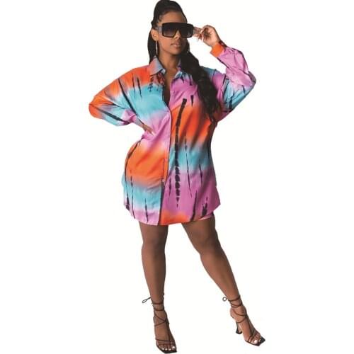 2021 New Women Fashion Tlapel Long Sleeve Gradient Color Printing Loose Tie Dye Single Breasted Shirt Autumn