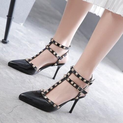 Spring and autumn new ol style work shoes large size 40123 pointed rivet buckle with thin high heel