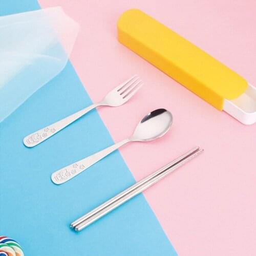 Chopsticks Spoon Fork Set With Box 410 Stainless Steel Cute Cat Bear Cartoon Style Student Travel Portable Tableware Set Gift