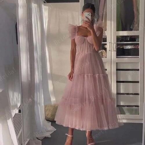 Pink Short Prom Dresses Spaghetti Straps Tiered Tulle Prom Gowns A-Line Sweetheart Tea-Length Wedding Party Dresses