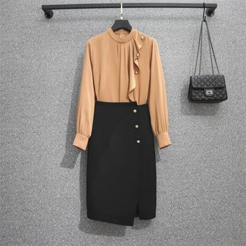 Chiffon Women Dress Sets Summer New 2021 Solid Ruffles Blouse And Black Skirts Elegant Office Lady Clothing Suits Top Quality