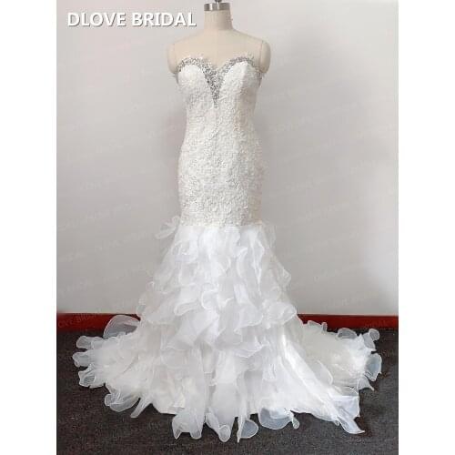 Mermaid Ruffles Organza Bridal Wedding Dress Strapless Sweetheart Crystal Beaded Champagne Vestido De Noiva