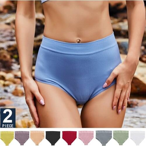 FINETOO 2PCS/Set Sexy Women Panties Underwear 10 Solid Colors Underpants For Girls High Waist Bodyshaper Briefs Seamless Pantys