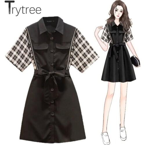 Trytree Summer Womens Dresses Casual Turn-down Collar Single Breasted A-line Belt Patchwork Plaid Sleeve Shirt Dress Office Lady