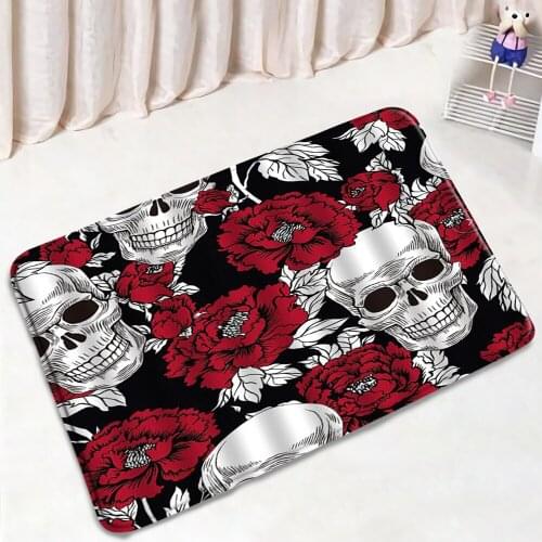 Funny Skull Flower Shower Curtain Red Peony Sugar Skeleton Pattern Non-Slip Rugs Flannel Home Decor Bath Kitchen Doorway Carpet