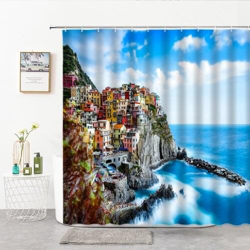 Ocean Town Landscape Shower Curtains The Beautiful Village Of Manarola Nature Scenery Bath Curtain Home Decor Background Cloth