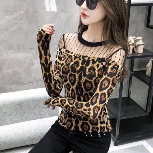 Plus Size Tops Fashion Women Long Sleeve Leopard sexy lace Splice Blouse Turtleneck Shirt Ladies OL Party Top Streetwear Blusas
