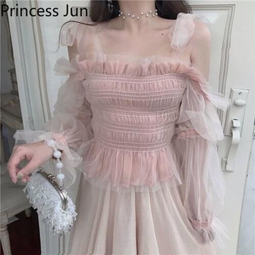 Summer Fairy Women Two Piece Sets Cold Shoulder Mesh Puff Sleeve Pink Shirt&High Waist Long Skirt Lolita Outfits 2pc Dress Suit