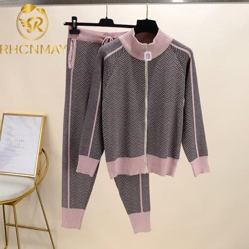 High Quality New Winter Woman Tracksuit Geometric stripeTurtleneck Zipper Knitted Cardigans + Pants Women Two piece Sets