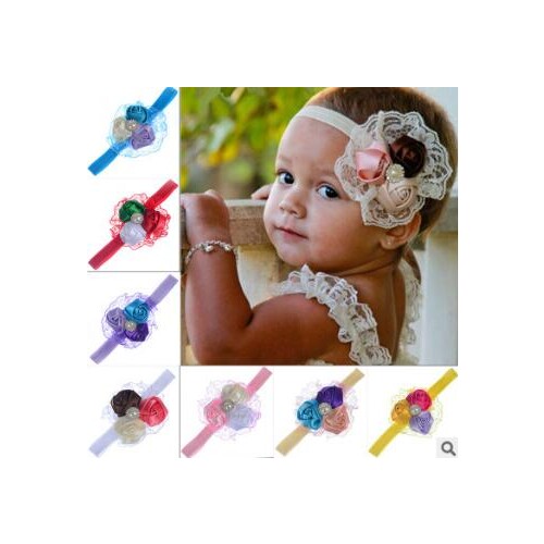 120pcs/lot DIY Multi 3 Roses Pearl Lace Headband Baby Flowers Head Bands Hair Styling Tools Hair Accessories HA759